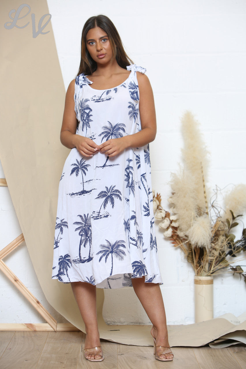 Ladies Palm Tree Print Tie Shoulder Dress White