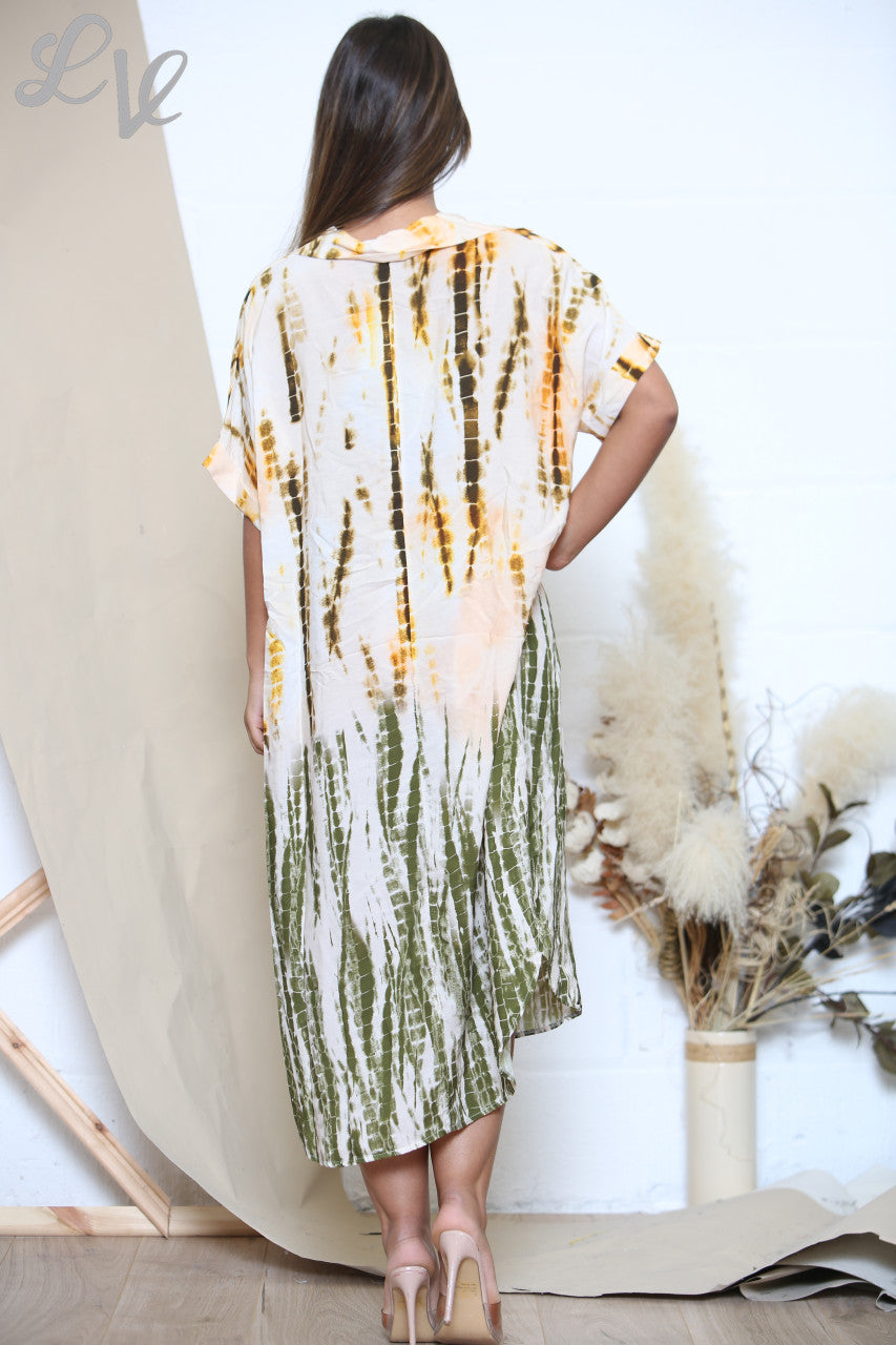 Dames Tie Dye Overhemdjurk Khaki
