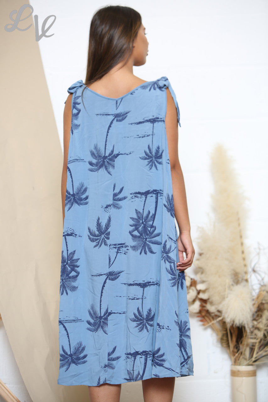 Ladies Palm Tree Print Tie Shoulder Dress Denim