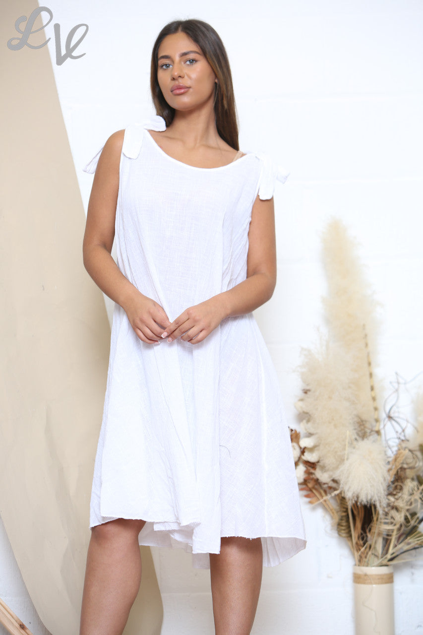 Ladies Plain Tie Shoulder Swing Dress White