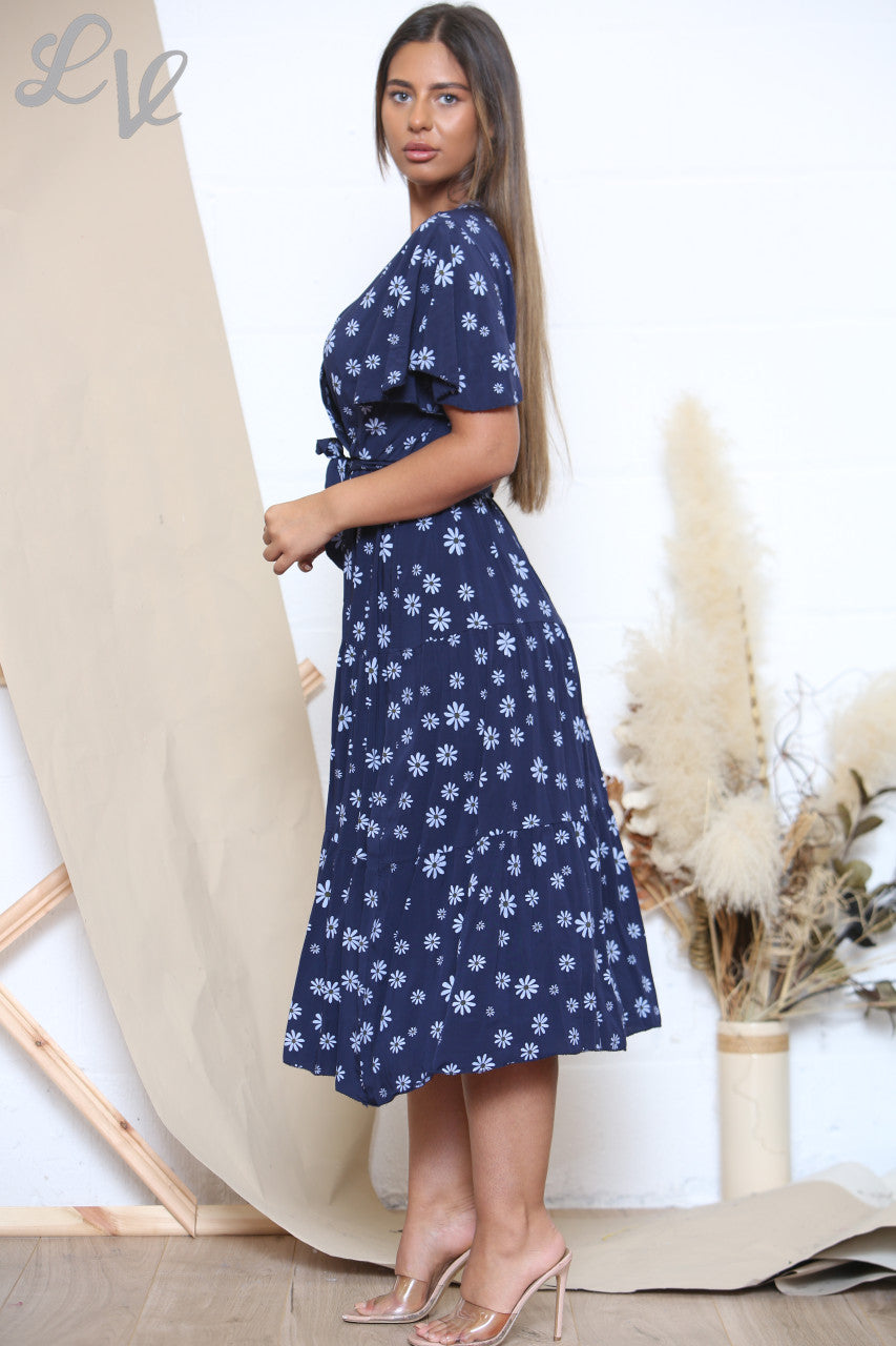 Dames midi-jurk met bloemenprint en madeliefjes Marineblauw