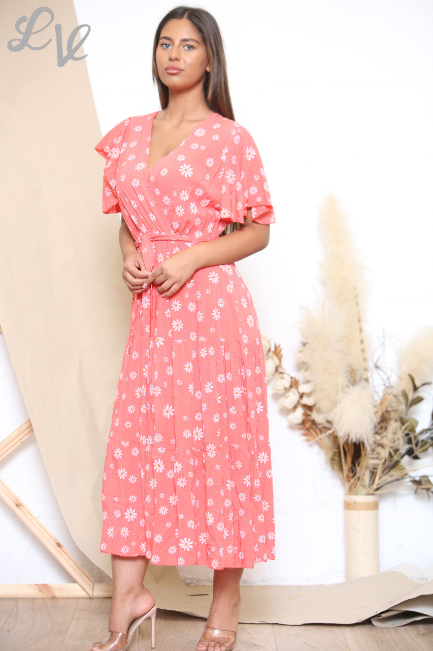 Dames Midi Jurk met Madeliefjesprint Koraal