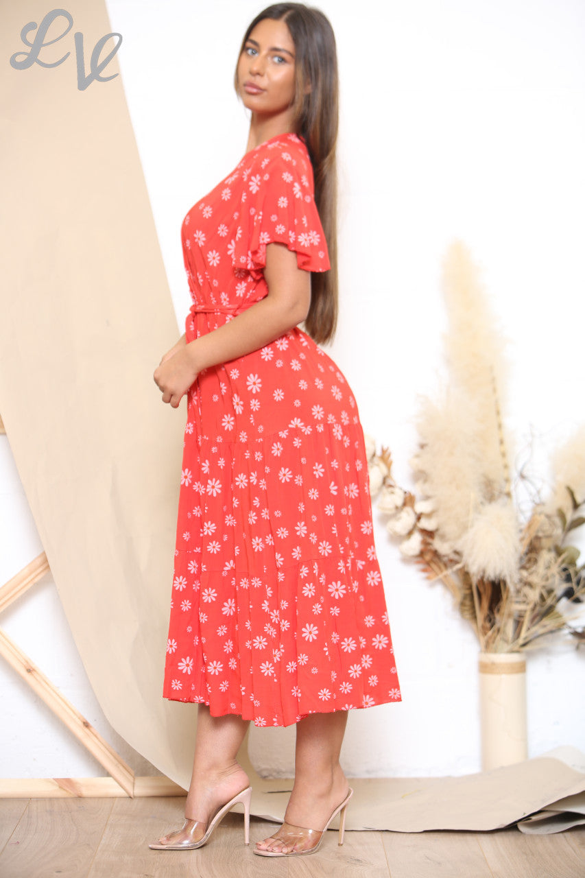 Ladies Daisy Floral Print Midi Dress Red