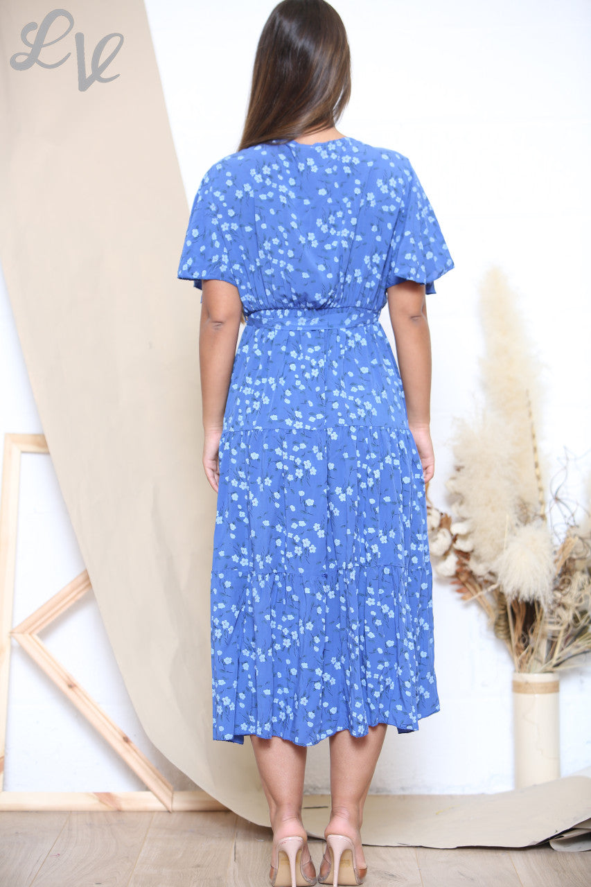 Ladies Ditsy Floral Print Midi Dress Royal Blue