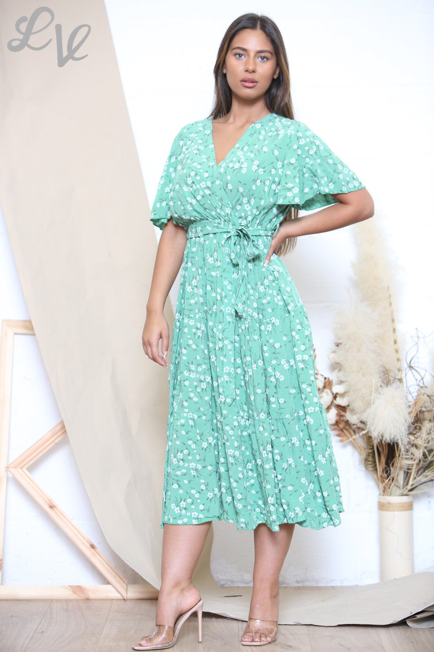 Ladies Ditsy Floral Print Midi Dress Green
