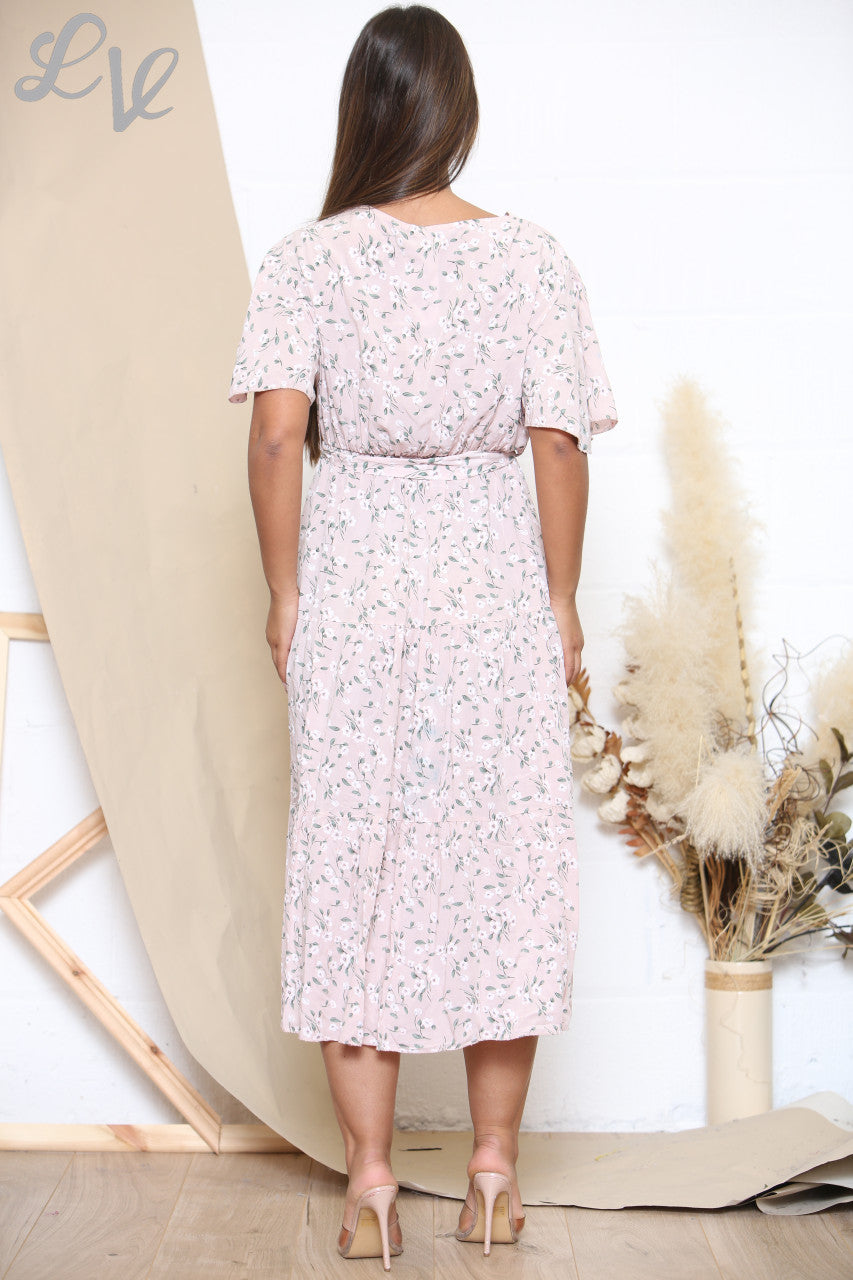 Midi-jurk voor dames met bloemenprint en roze stippen