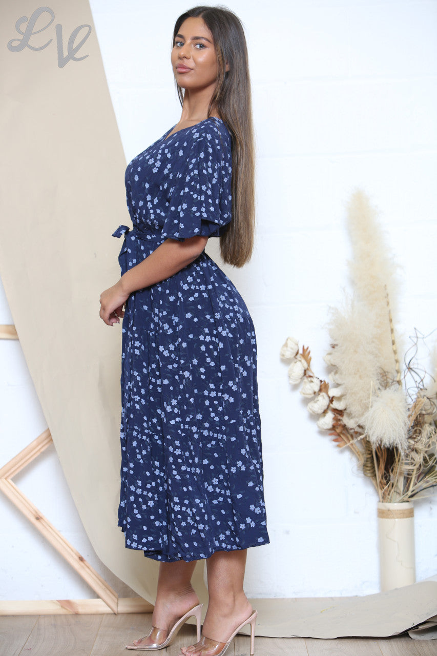 Ladies Ditsy Floral Print Midi Dress Navy