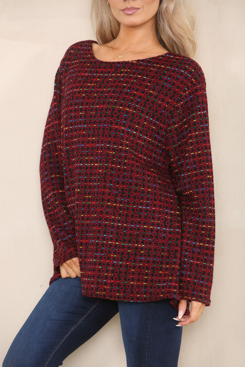 COLOUR FLECK BRICK KNIT YARN KNIT JUMPER BURGUNDY
