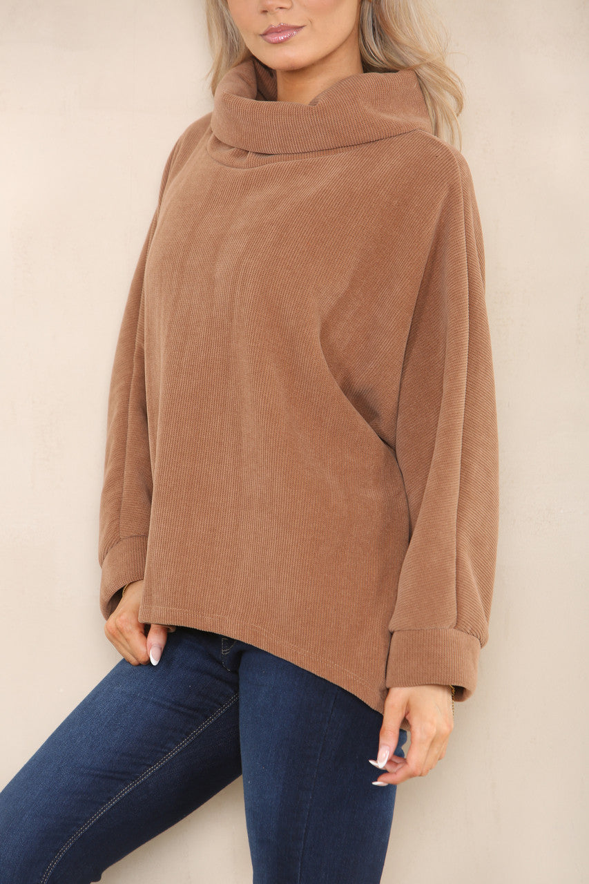 CORD COWL NECK TOP TAN