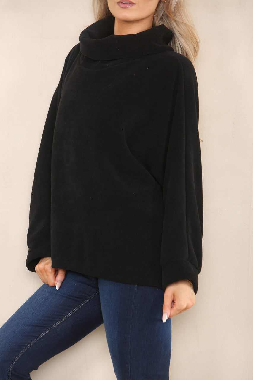 CORD COWL NECK TOP BLACK