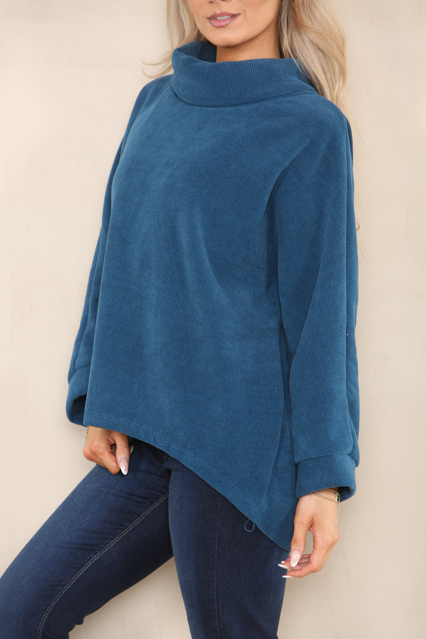 CORD COWL NECK TOP TEAL