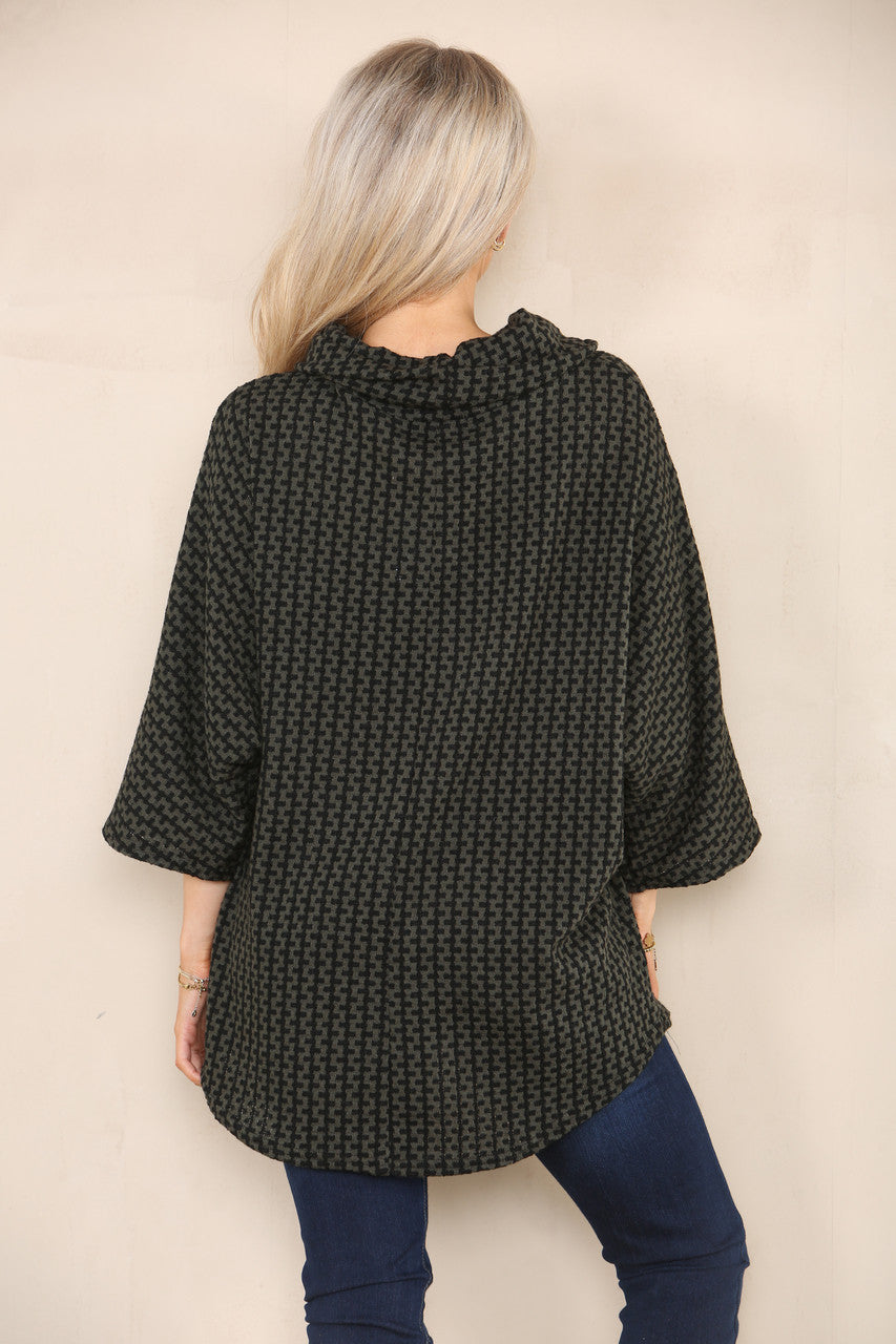 VERTICAL PATTERN YARN KNIT COWL NECK JUMPER KHAKI