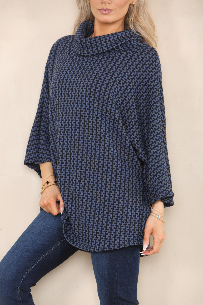 VERTICAL PATTERN YARN KNIT COWL NECK JUMPER DENIM