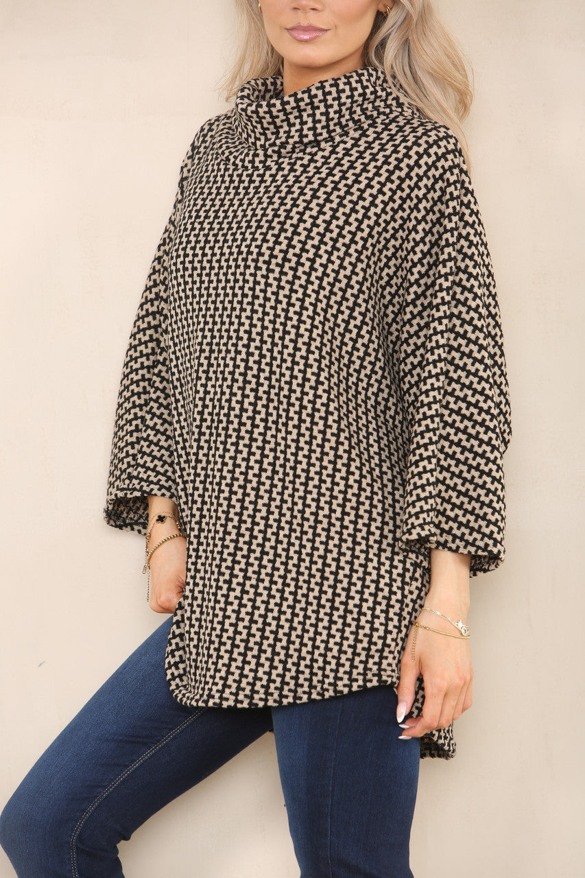 VERTICAL PATTERN YARN KNIT COWL NECK JUMPER STONE