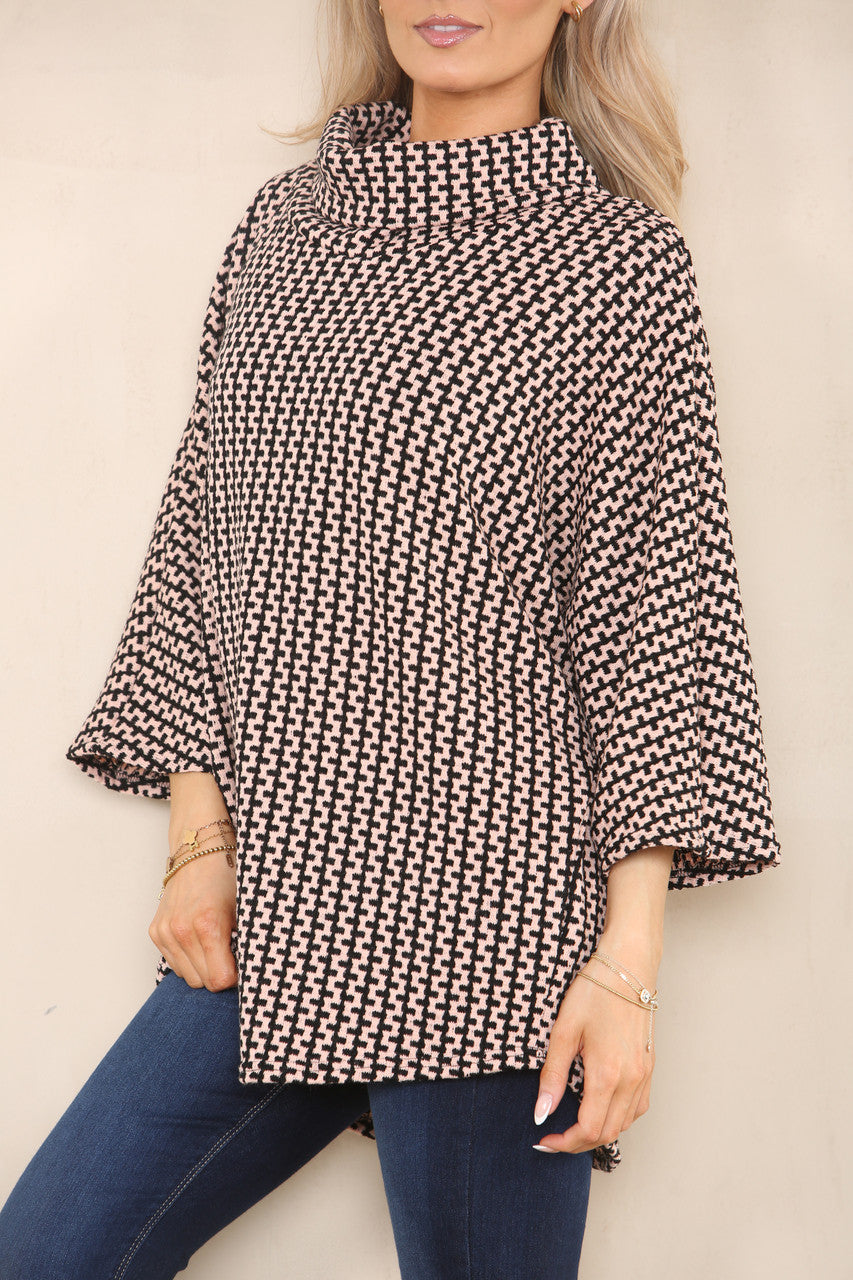 VERTICAL PATTERN YARN KNIT COWL NECK JUMPER DUSTY PINK