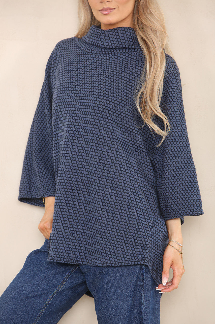 GEO PATTERN YARN KNIT COWL NECK JUMPER DENIM