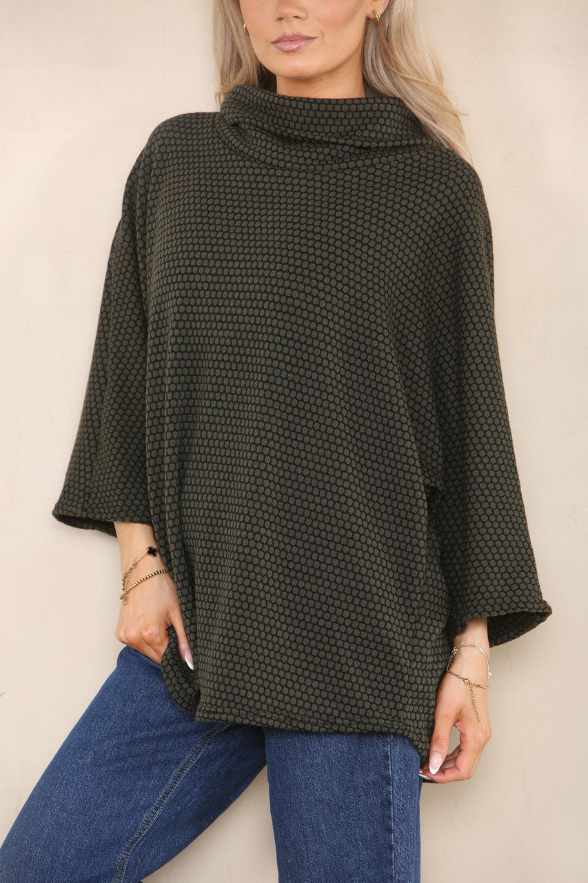 GEO PATTERN YARN KNIT COWL NECK JUMPER KHAKI