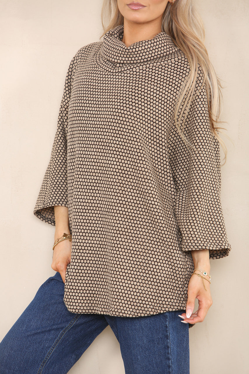 GEO PATTERN YARN KNIT COWL NECK JUMPER STONE