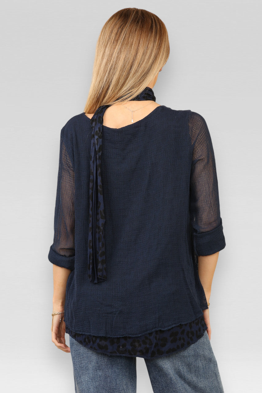 DUBBELE LAAG MESH LUIPAARDPRINT TOP MET SJAAL NAVY