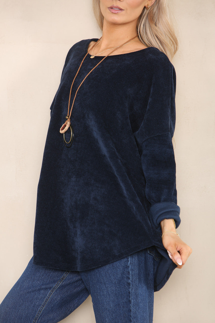CORDUROY TOP MET KETTING MARINEBLAUW