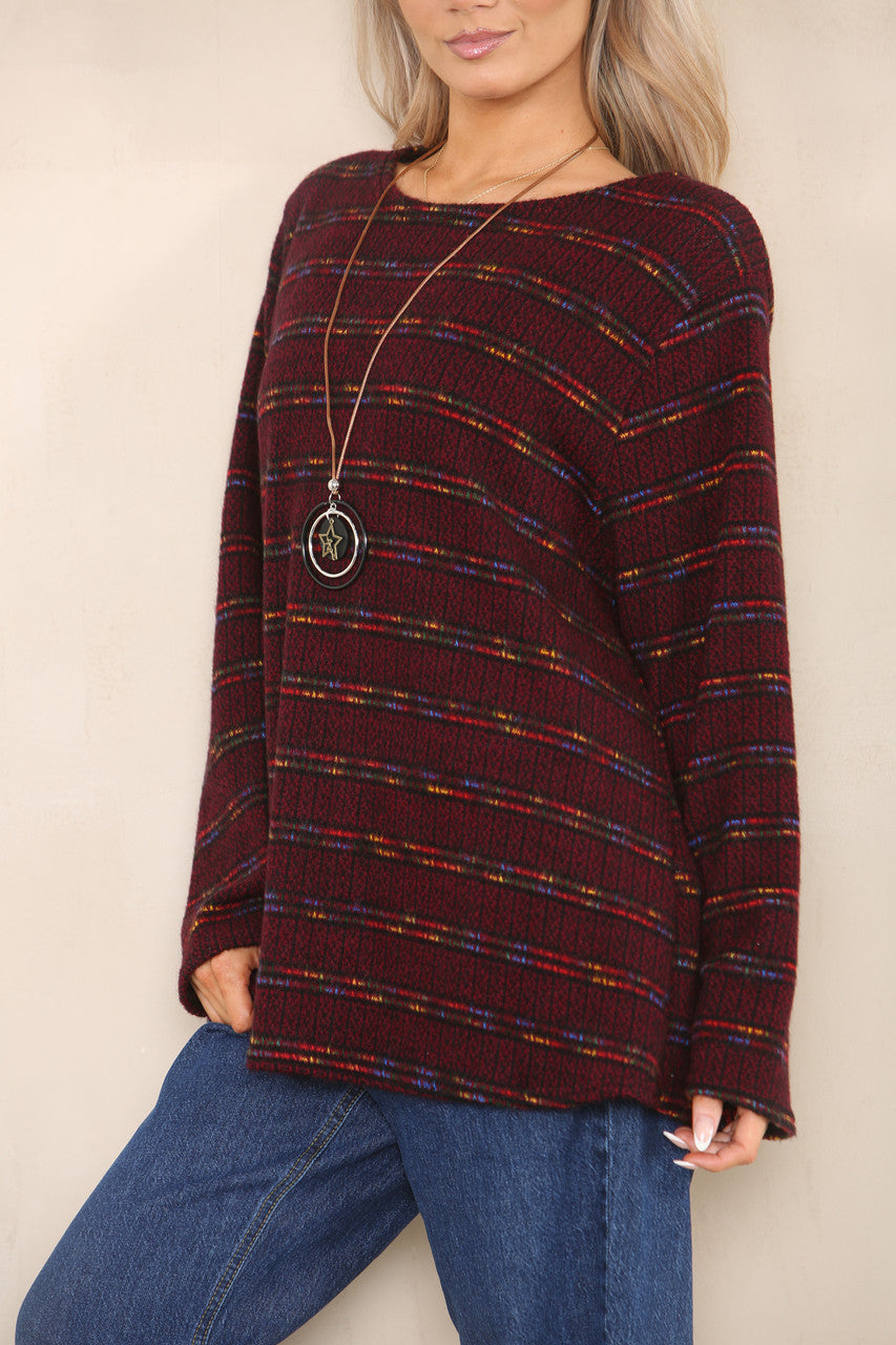 COLOUR FLECK STRIPE YARN KNIT JUMPER BURGUNDY