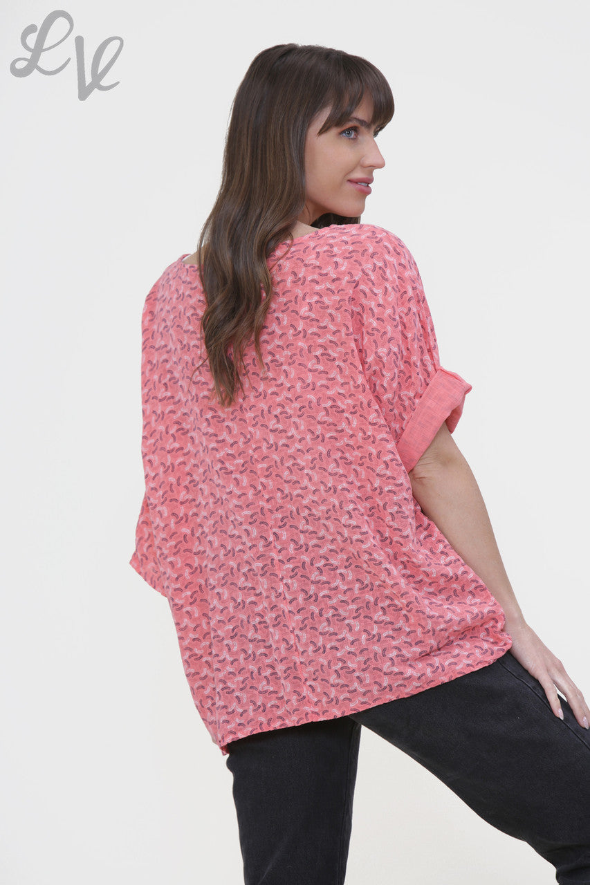 Ladies Miniature Feather Print Box Top Coral