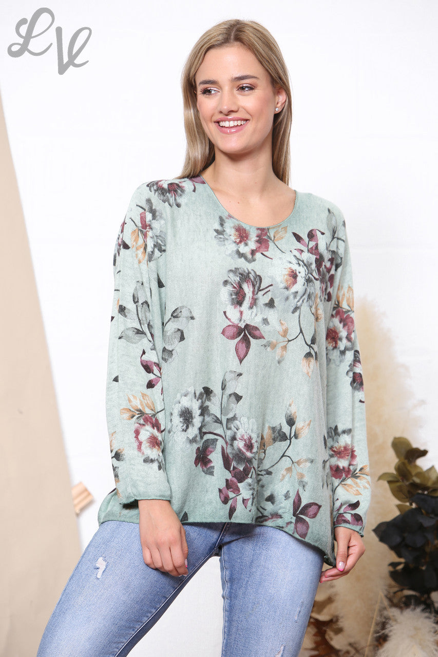 Ladies Flowers & Leaves Print Fine Knit Jumper Top Green