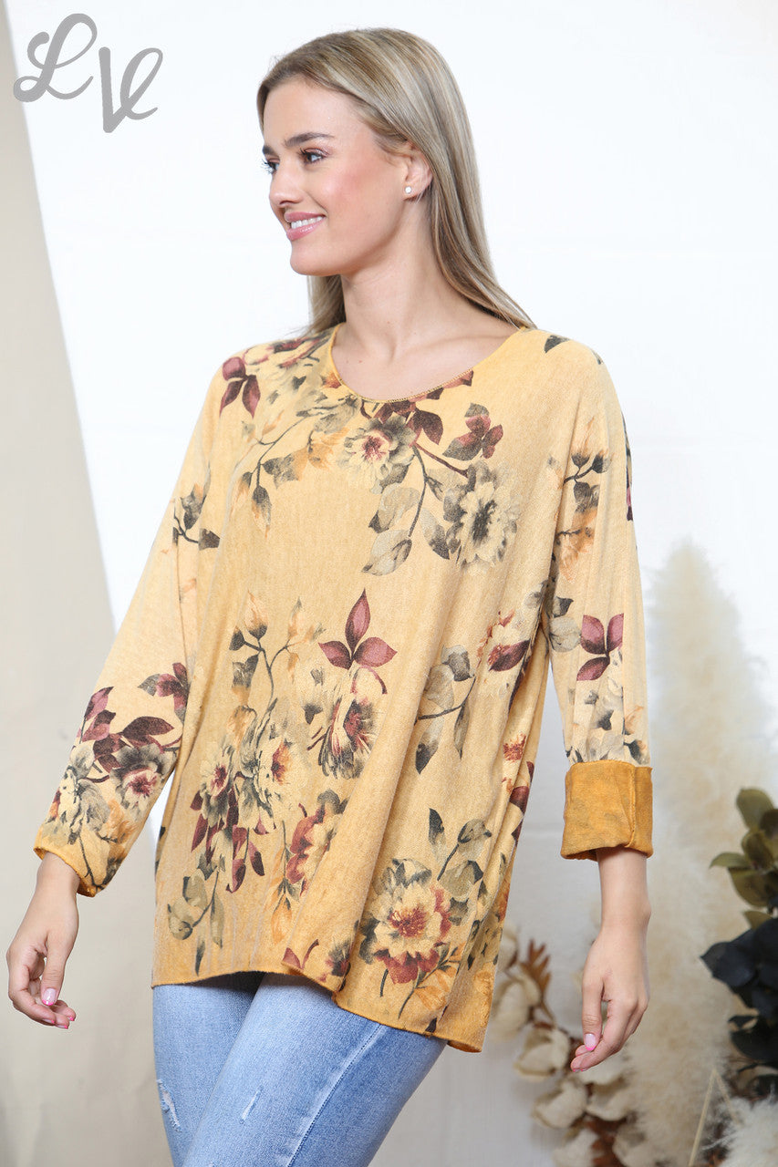 Ladies Flowers & Leaves Print Fine Knit Jumper Top Mustard