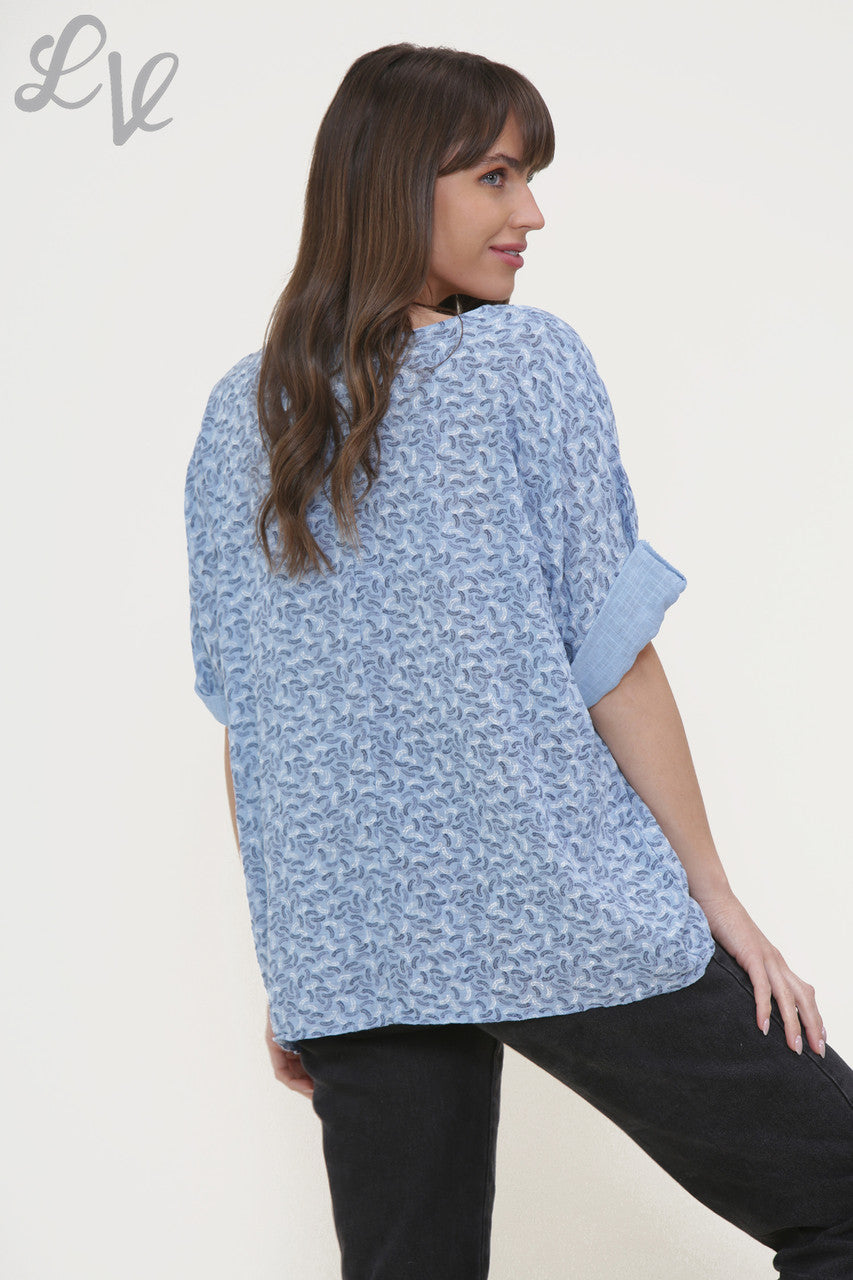 Ladies Miniature Feather Print Box Top Sky Blue