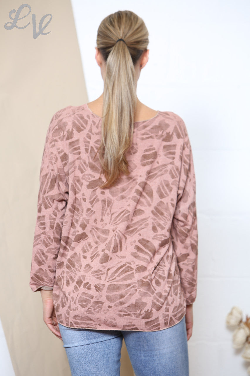 Ladies Abstract Effect Print Fine Knit Jumper Top Tan