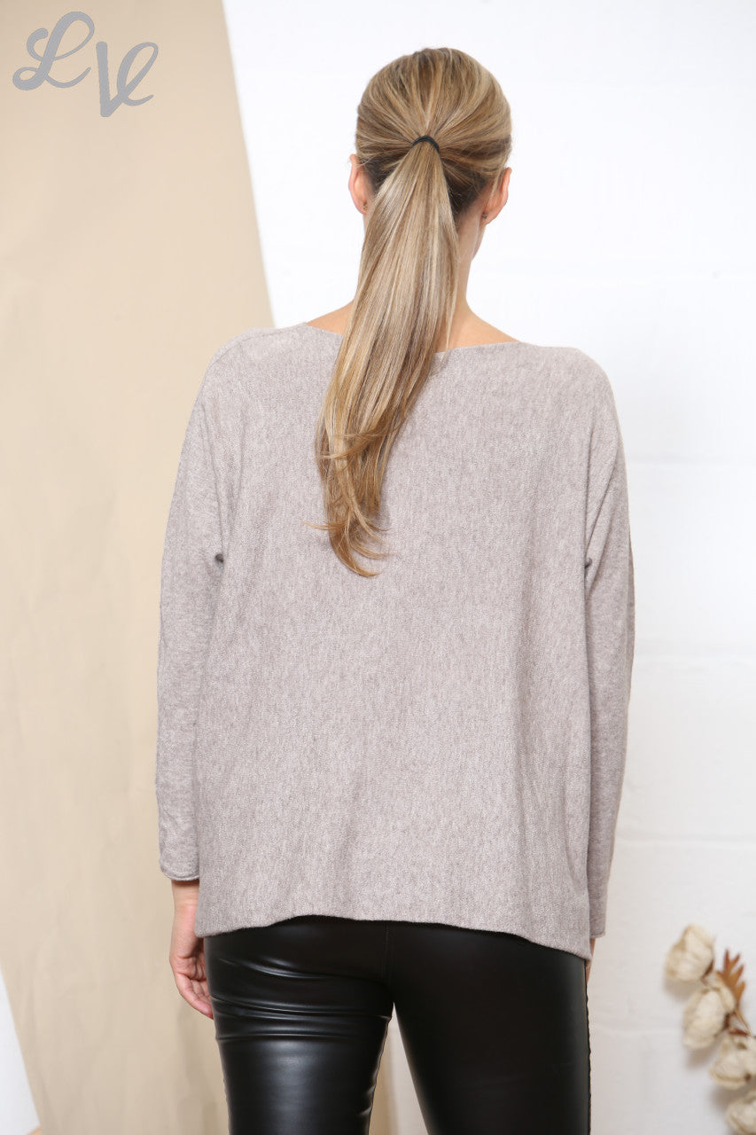 Ladies Gold Foil Butterfly Swirl Detail Jumper Top Stone