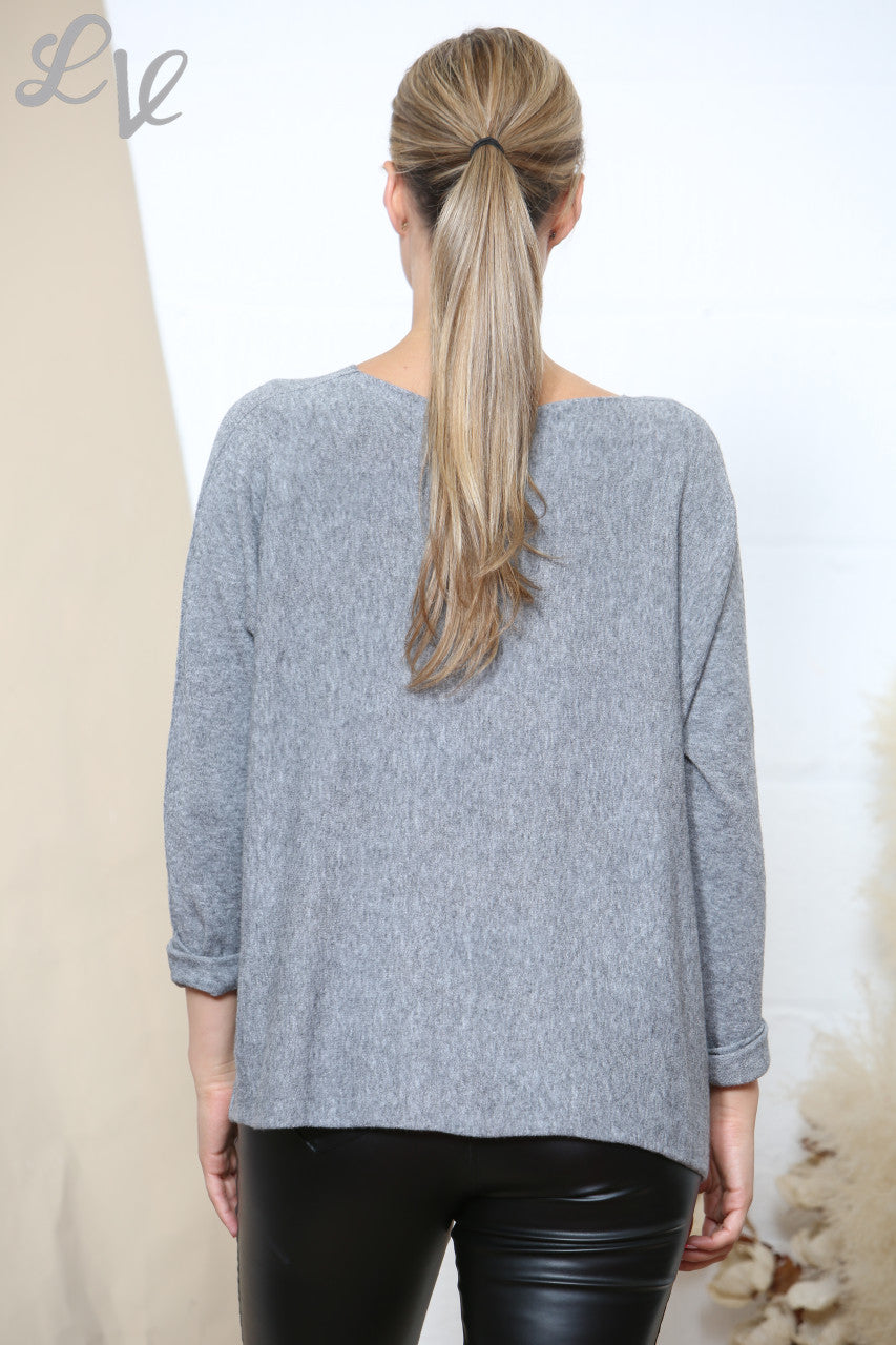 Dames Gouden Folie Vlinder Swirl Detail Trui Top Grijs