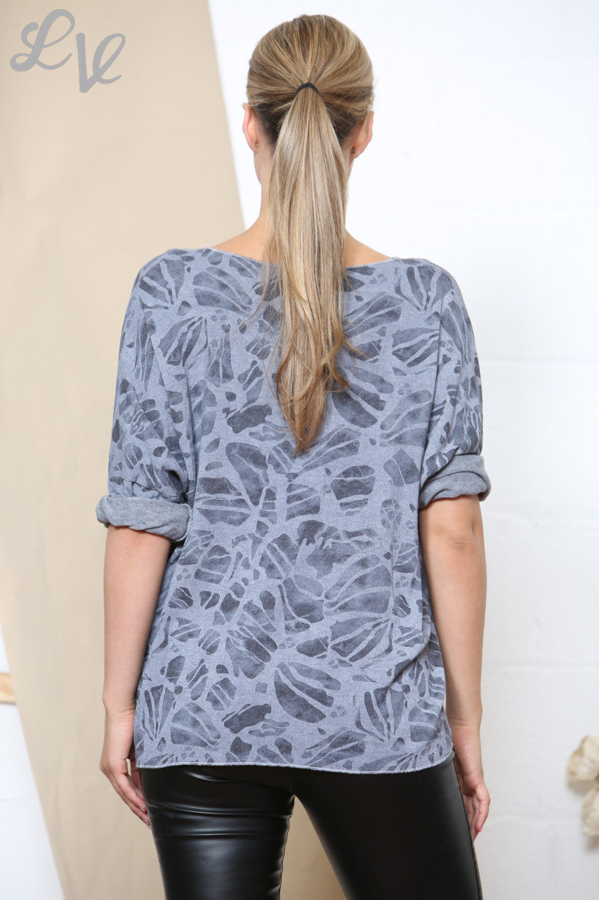 Ladies Abstract Effect Print Fine Knit Jumper Top Grey