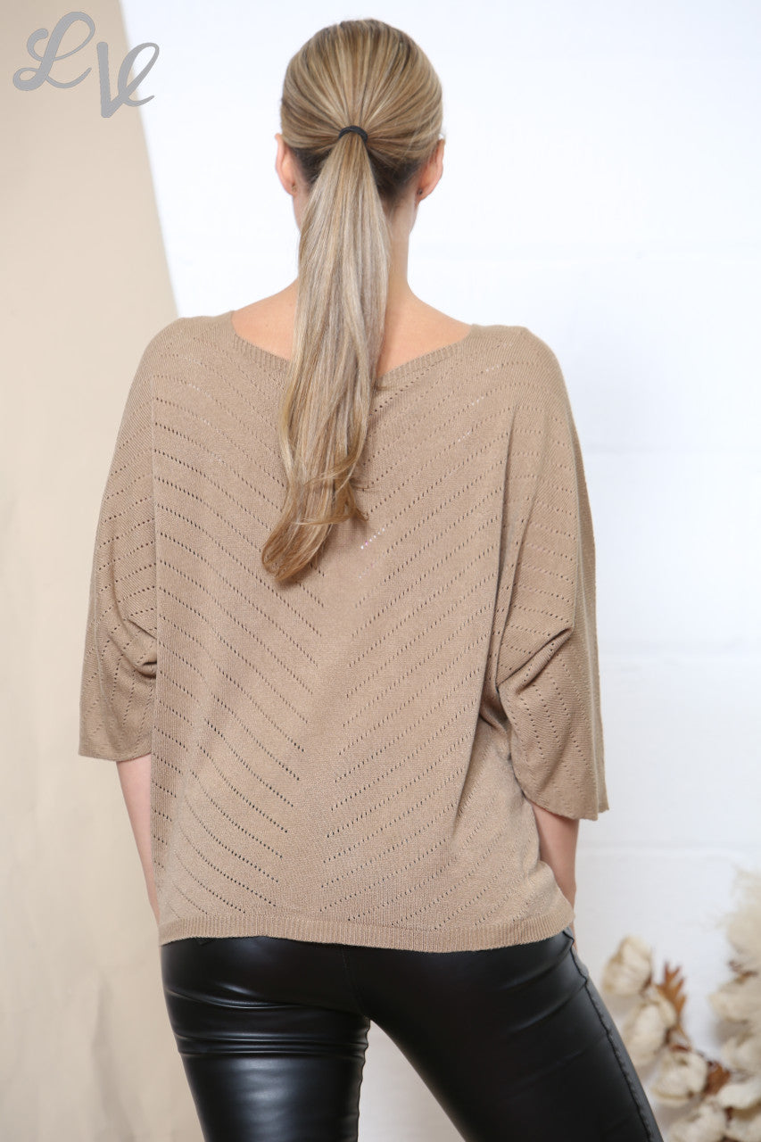 Ladies Stripe Cut Out Fine Knit Jumper Top Taupe