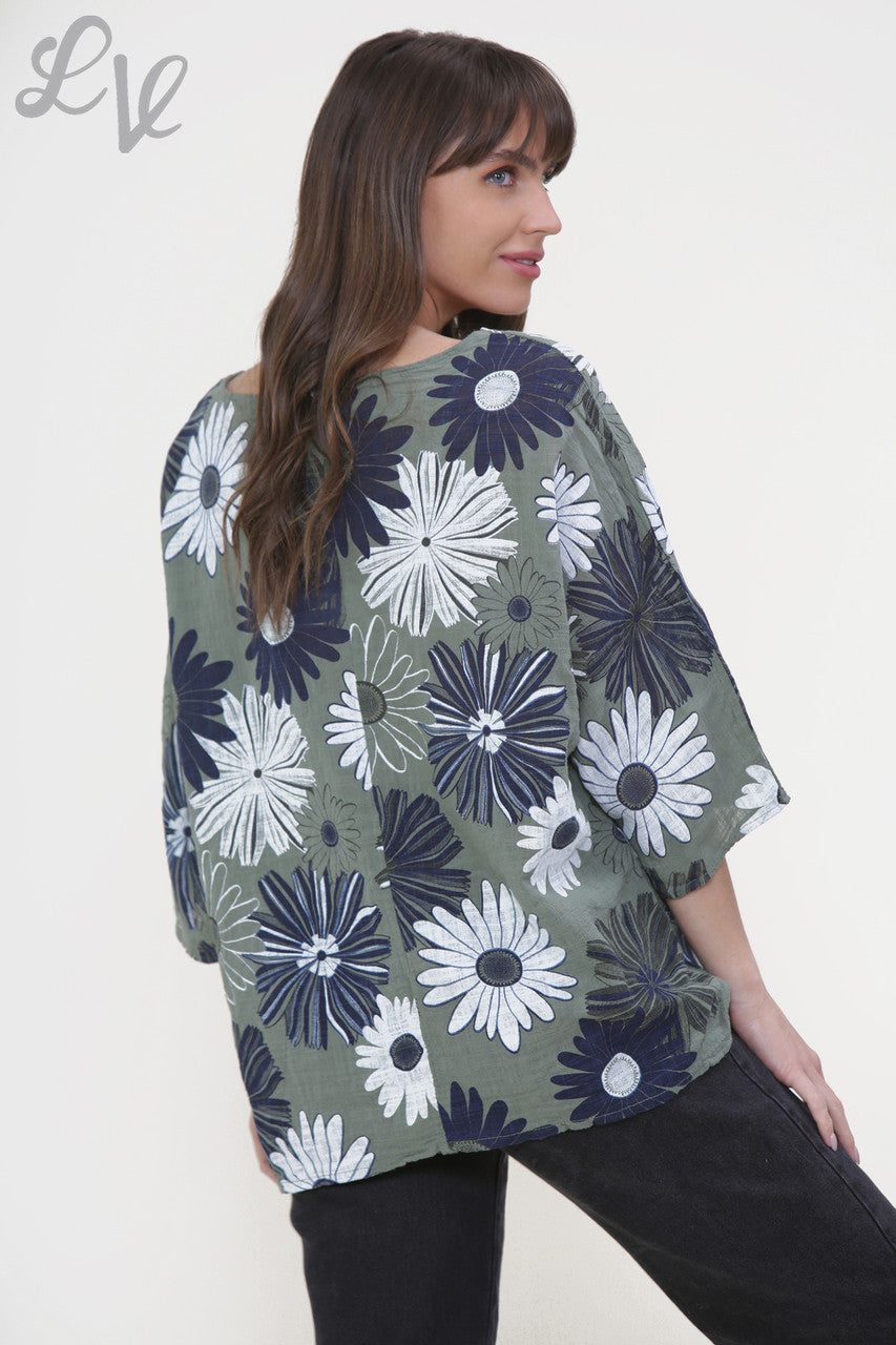 Ladies Floral Mix Print Box Top Khaki