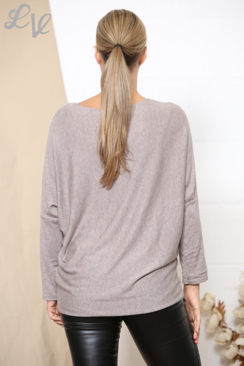 Ladies Sparkle Glitter Flower Fine Knit Jumper Top Taupe