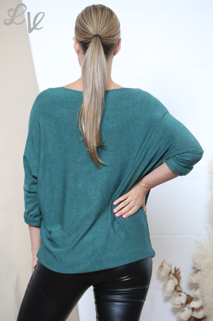 Ladies Sparkle Glitter Flower Fine Knit Jumper Top Green