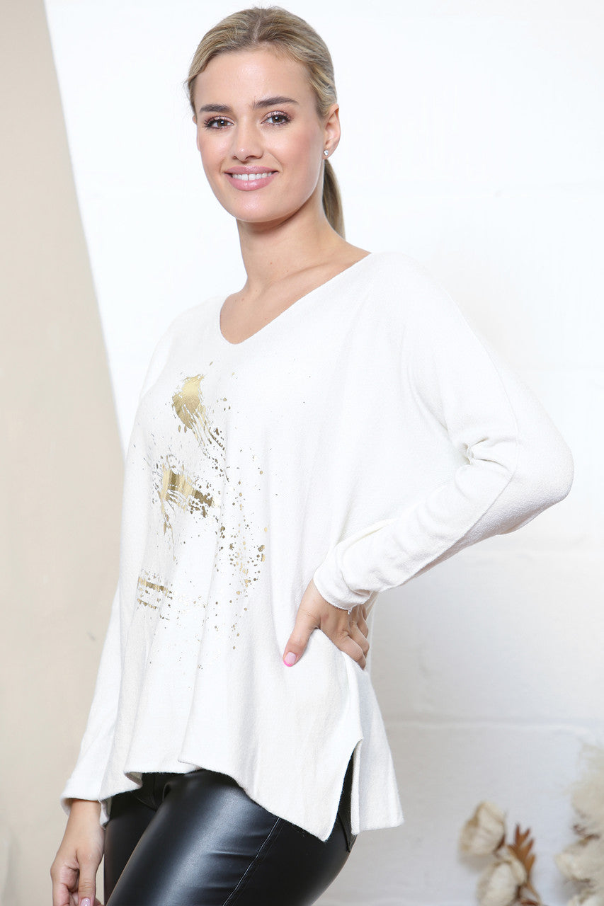 Ladies Gold Foil Fireworks Detail Jumper Top White