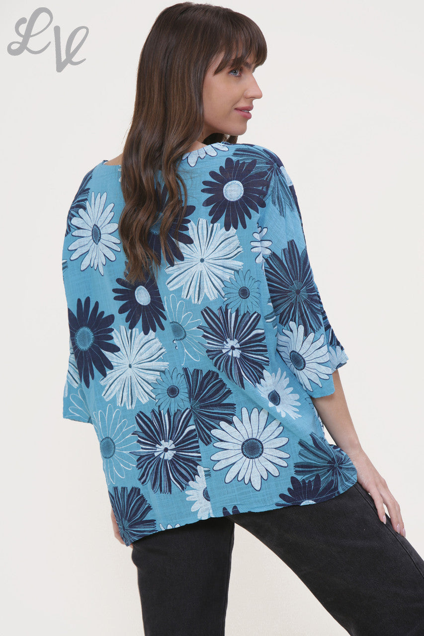 Ladies Floral Mix Print Box Top Turquoise