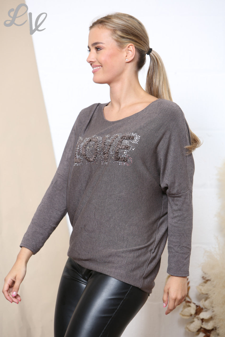 Ladies LOVE Sparkle Fine Knit Jumper Top Brown