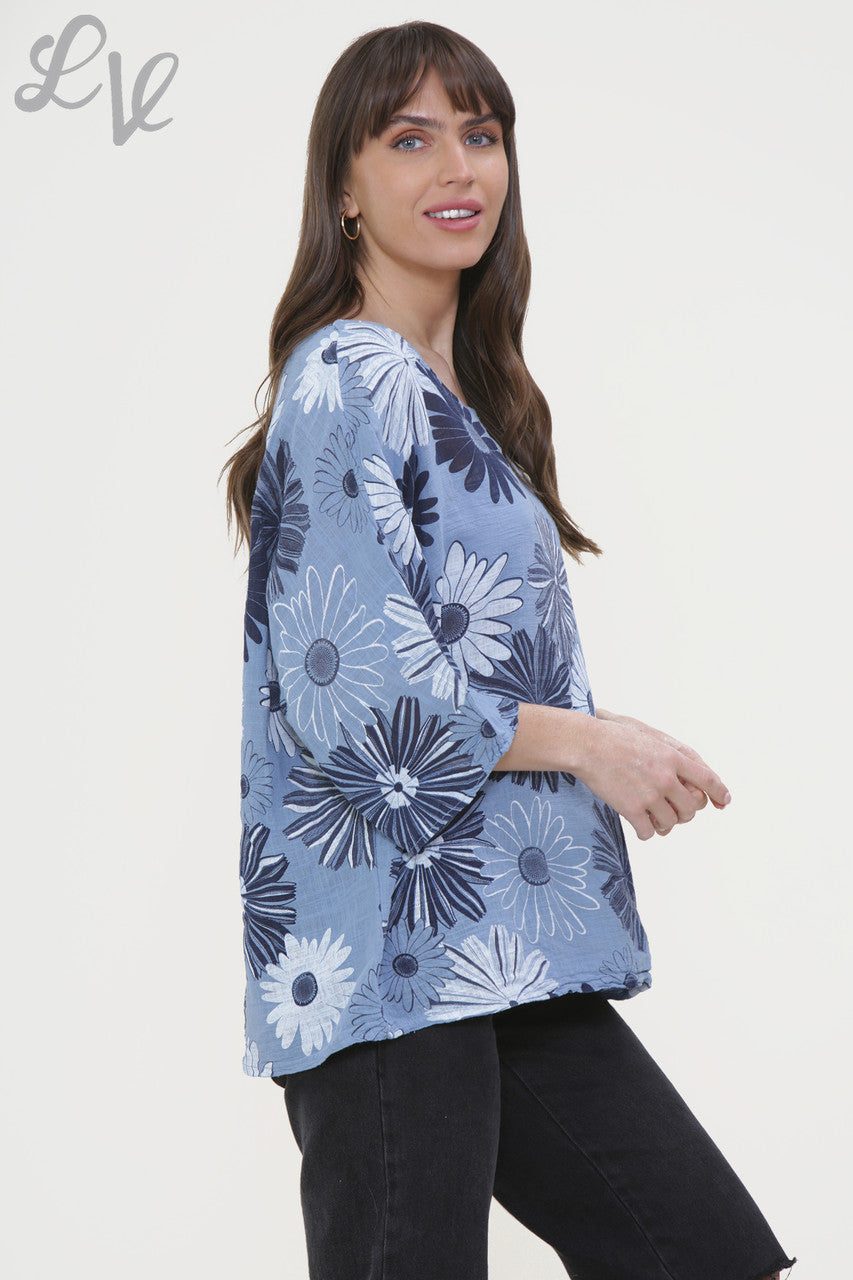 Dames boxy top met bloemenmixprint en denim