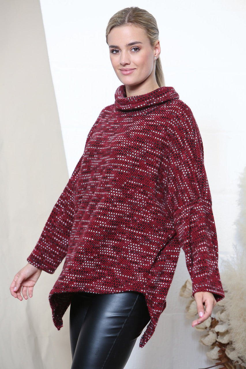 Ladies Cowl Neck Fleck Knit Jumper Burgundy