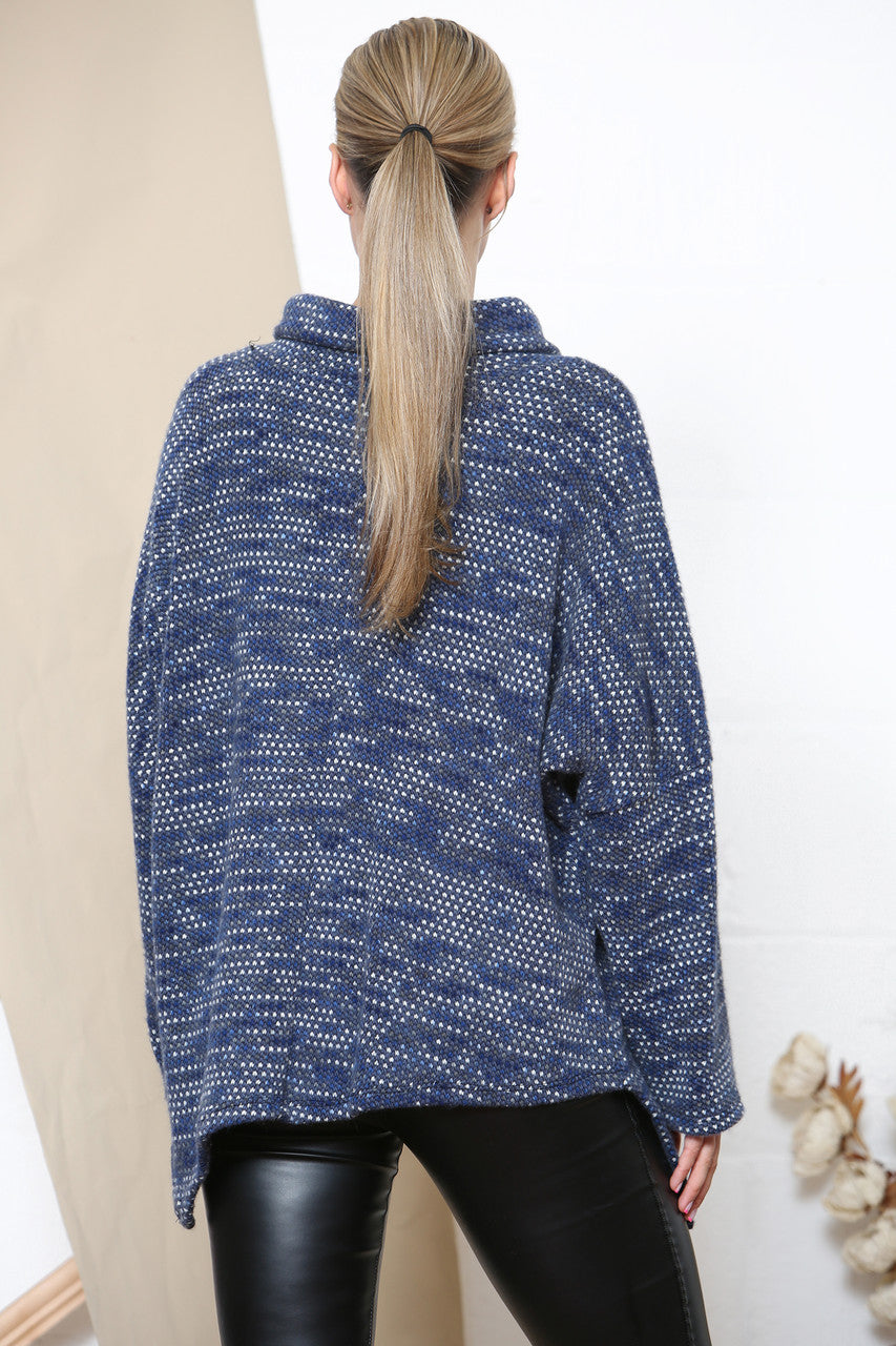 Ladies Cowl Neck Fleck Knit Jumper Denim