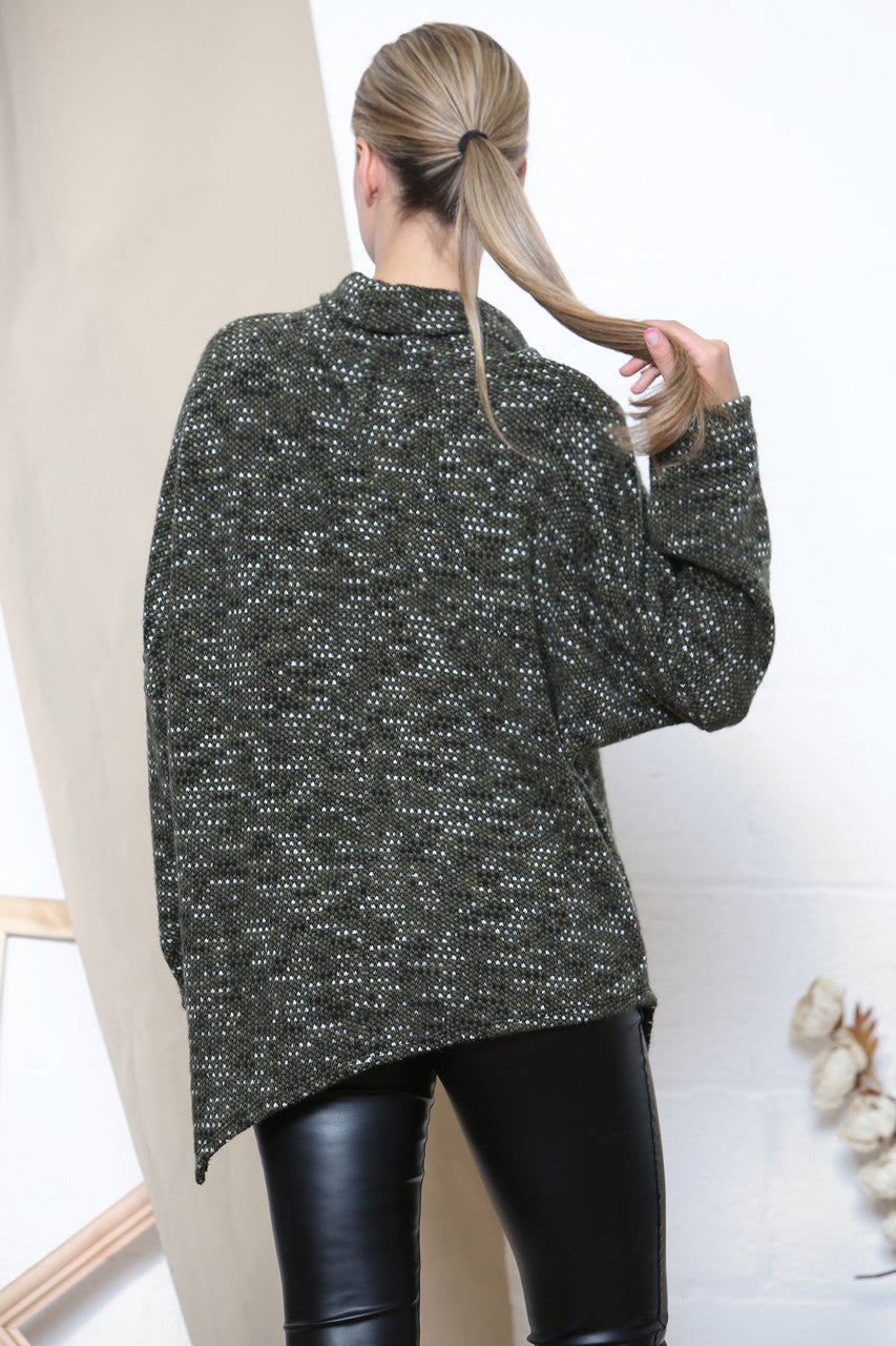 Ladies Cowl Neck Fleck Knit Jumper Khaki