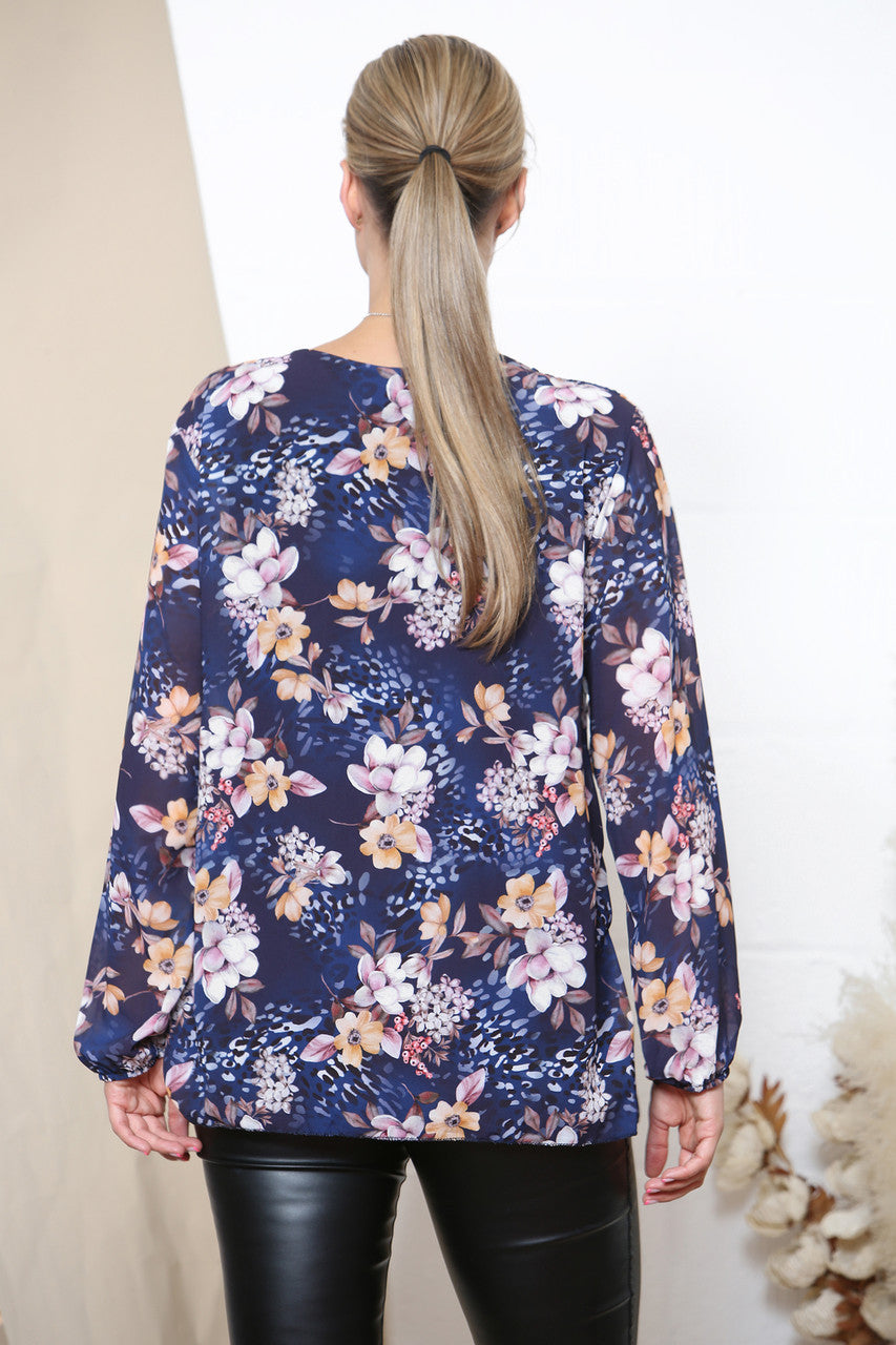 Dames Blouse met Lange Mouwen, Bloemenprint en Plooien Marineblauw