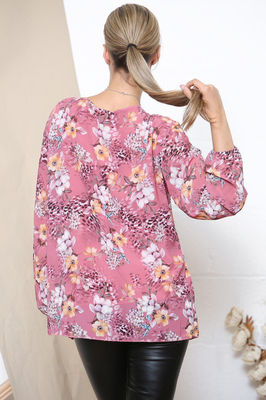 Ladies Floral Print Long Sleeve Pleated Blouse Pink