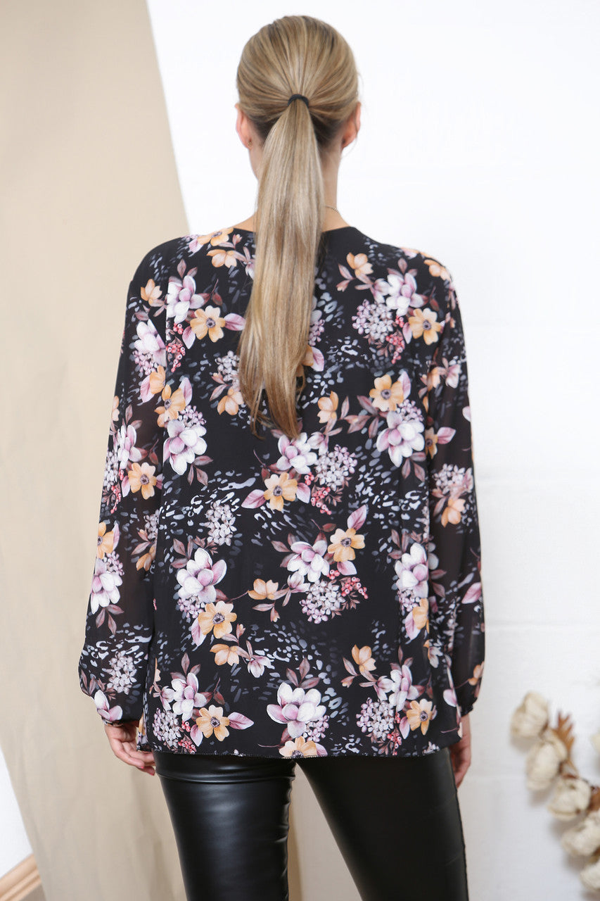 Ladies Floral Print Long Sleeve Pleated Blouse Black