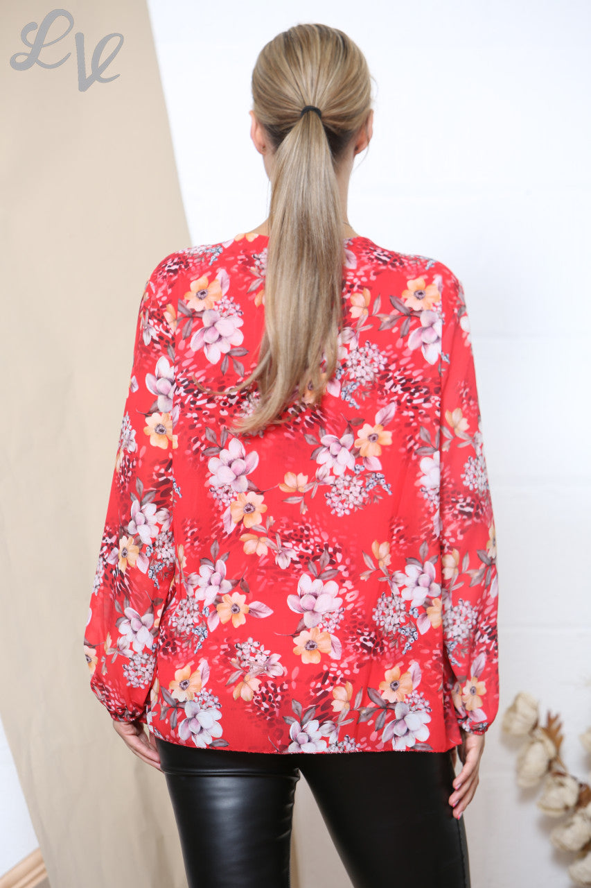 Ladies Floral Print Long Sleeve Pleated Blouse Red
