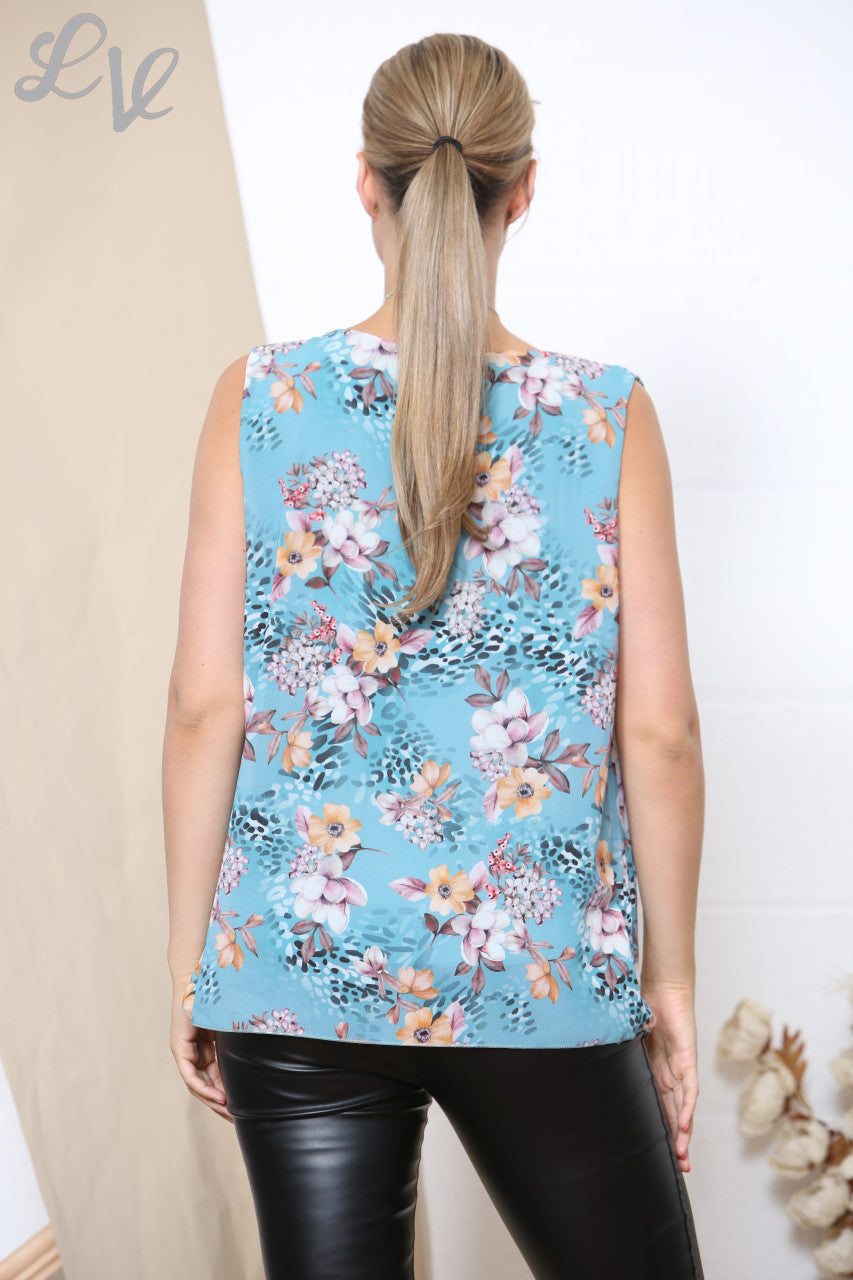 Dames Mouwloze Plissé Blouse met Bloemenprint Blauw
