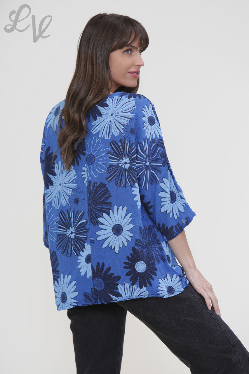Ladies Floral Mix Print Box Top Royal Blue